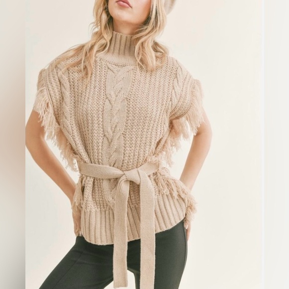 Sage Sweaters - SAGE THE LABEL Fringed Cable-Knit Turtleneck Sweater in Ivory/Cream